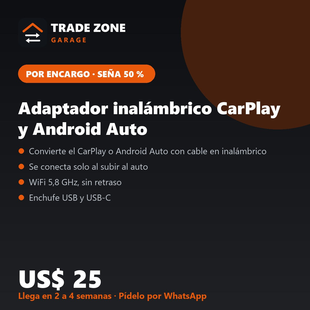 Adaptador inalámbrico CarPlay y Android Auto