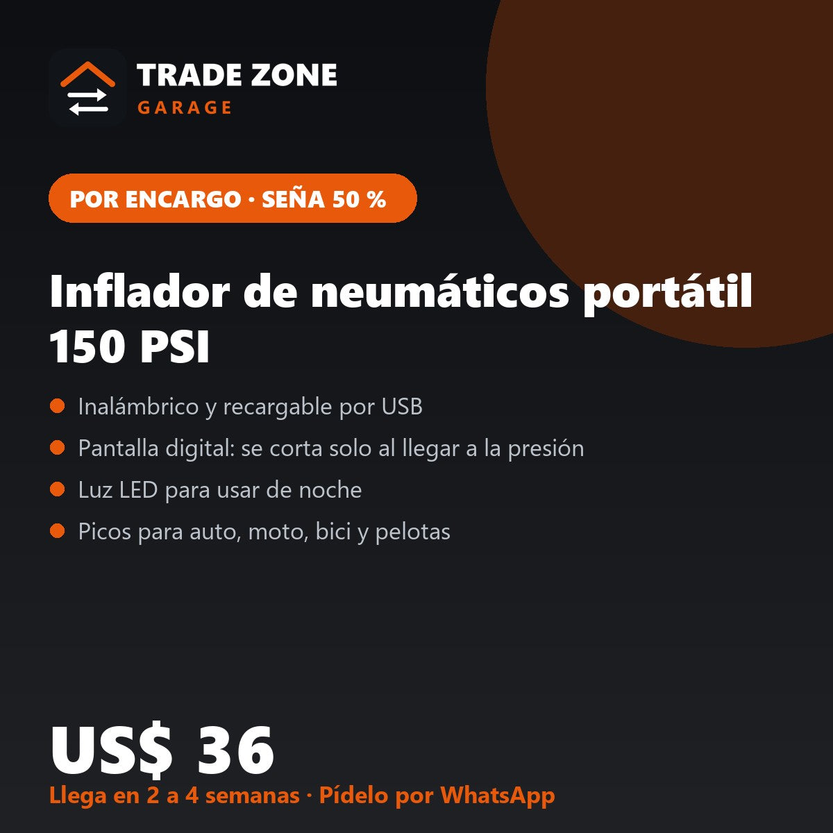 Inflador de neumáticos portátil 150 PSI