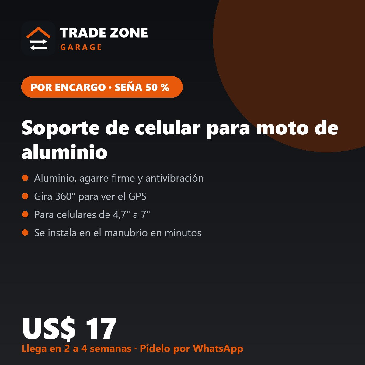 Soporte de celular para moto de aluminio